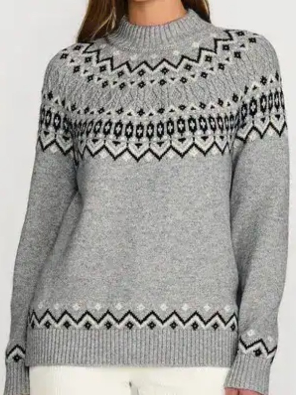 Lands End Women’s Cozy Lofty Mock Neck Jacquard Cable Sweater Gray Size Large